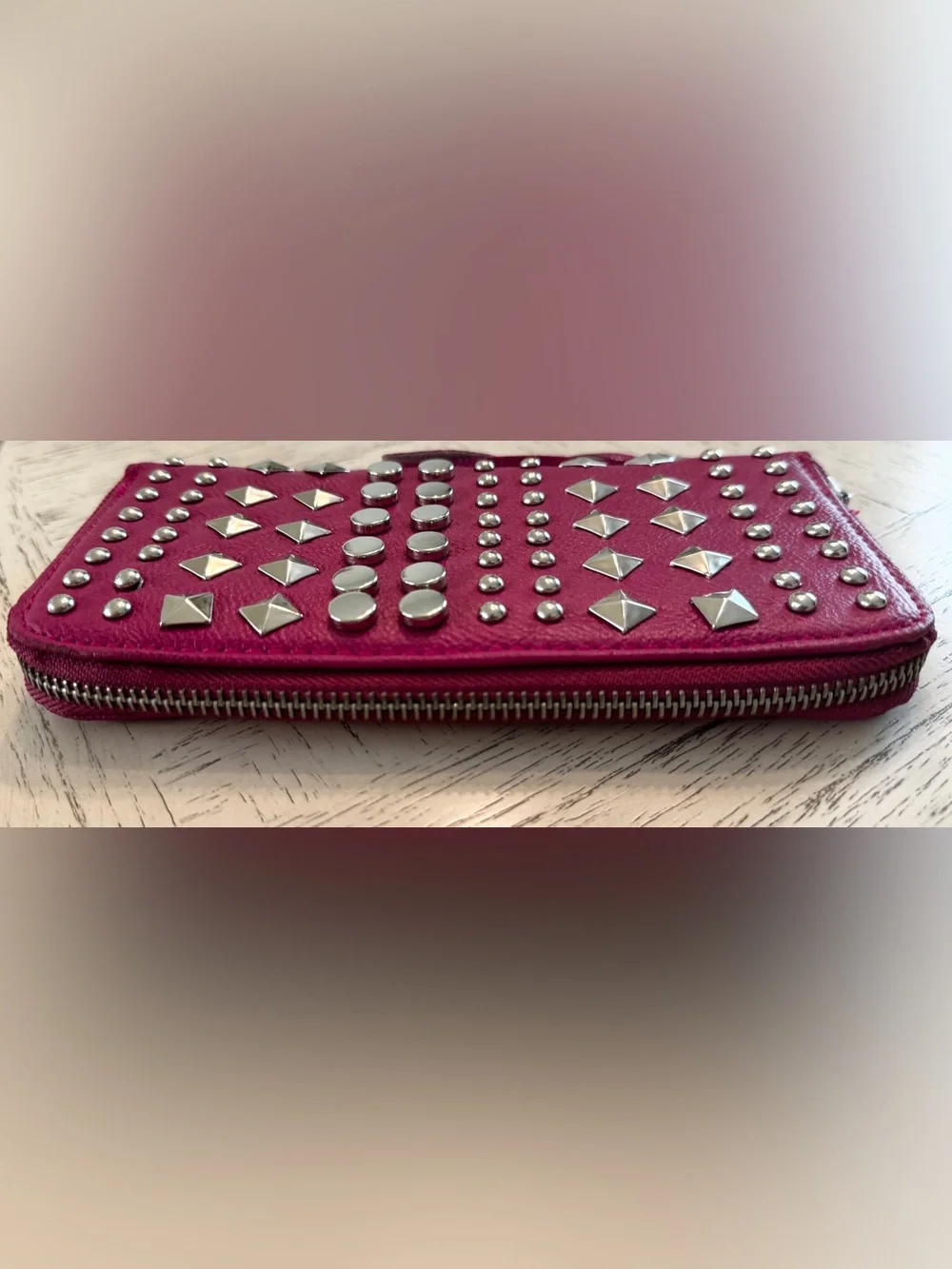 Fuchsia Pink Studded Zip Around Wallet Silver Hardware Tassel Y2K